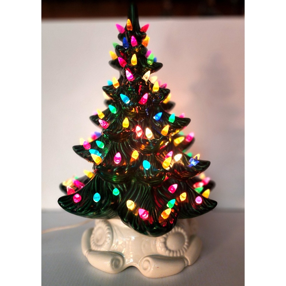 Vintage 70s 2pc Atlantic Mold Ceramic‎ Lighted Christmas Tree w/ Scroll Base 17"